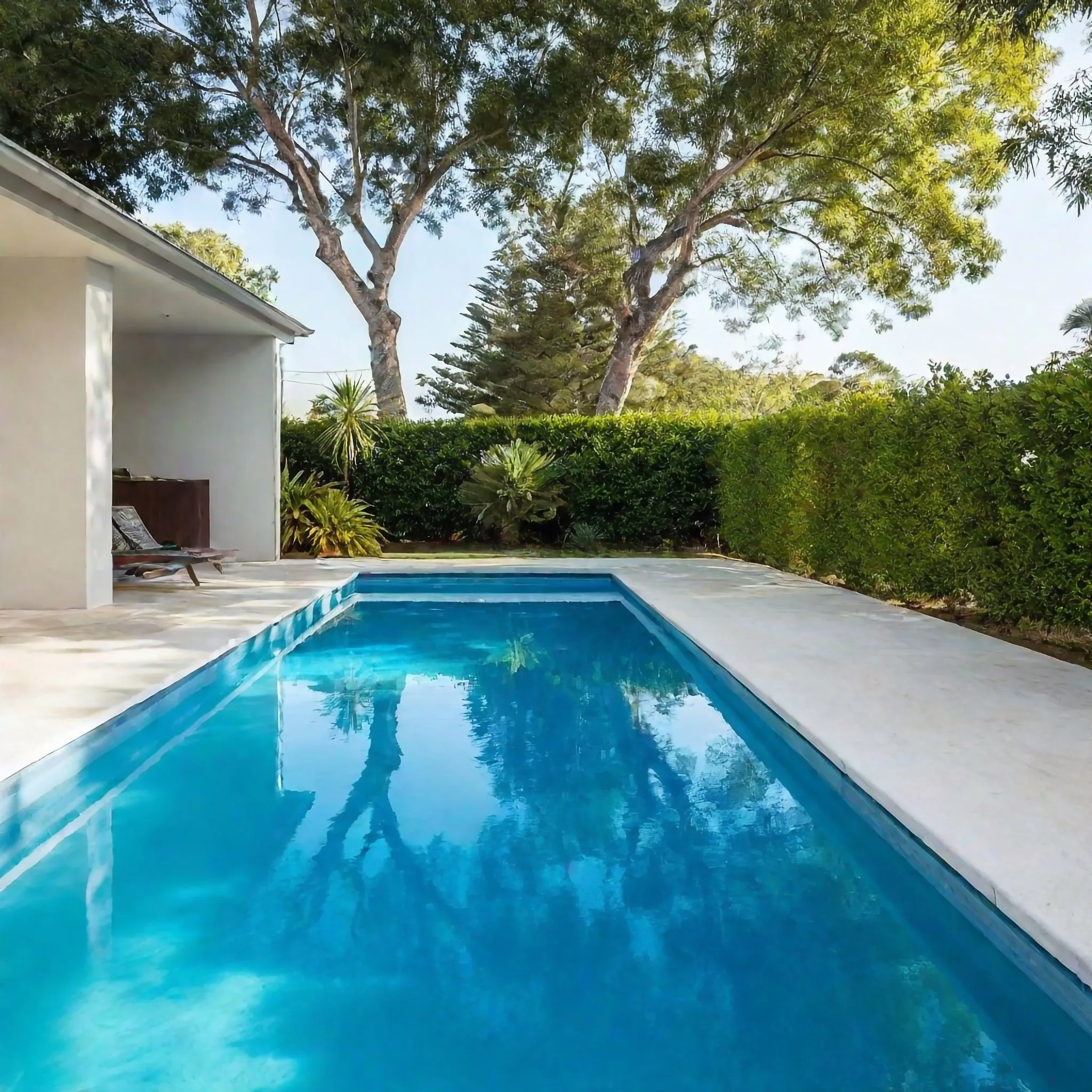 A concrete pool surround with a non-slip finish around an in-ground pool